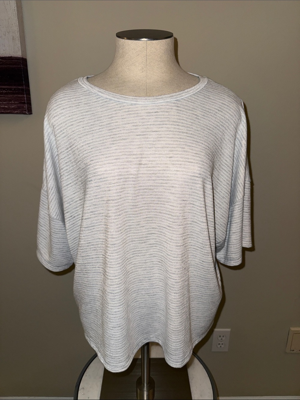 Banana Republic White and Light Gray Striped Short Sleeve Knit Top